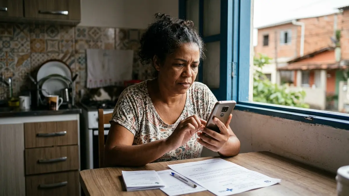 Fotografia documental de uma mulher brasileira de 45 anos, sentada na mesa da cozinha de casa