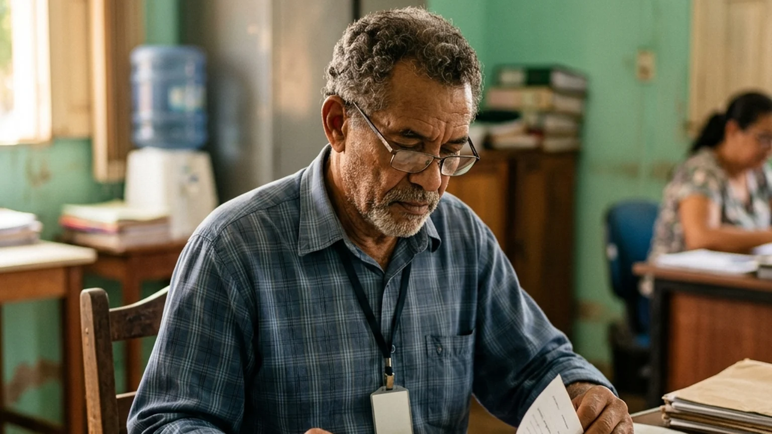 Servidor público experiente revisando documentos de aposentadoria sobre a mesa, representando a aposentadoria compulsória aos 75 anos.