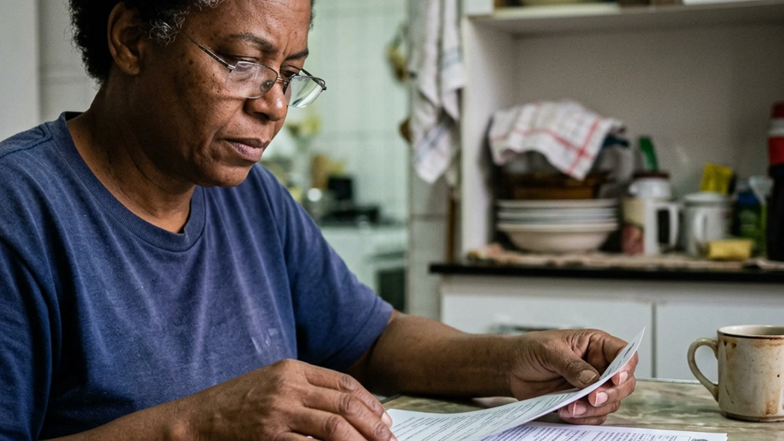 Uma operadora de fábrica brasileira de meia-idade analisando seu PPP em papel antes de protocolar