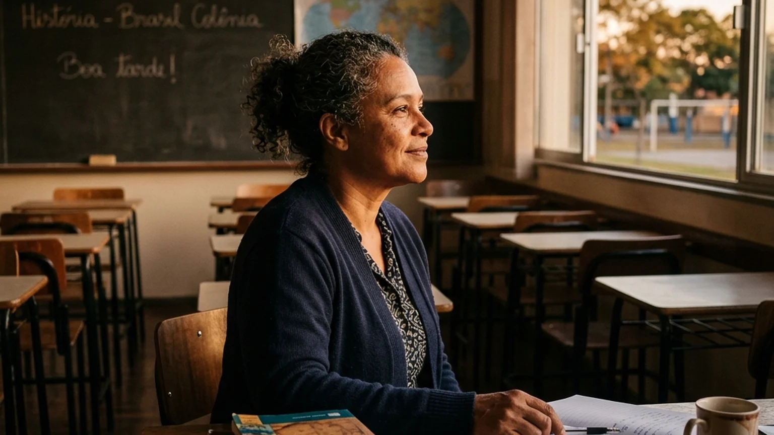 Professora madura com caderno em sala de aula iluminada — aposentadoria especial de professor pelo INSS em 2026.