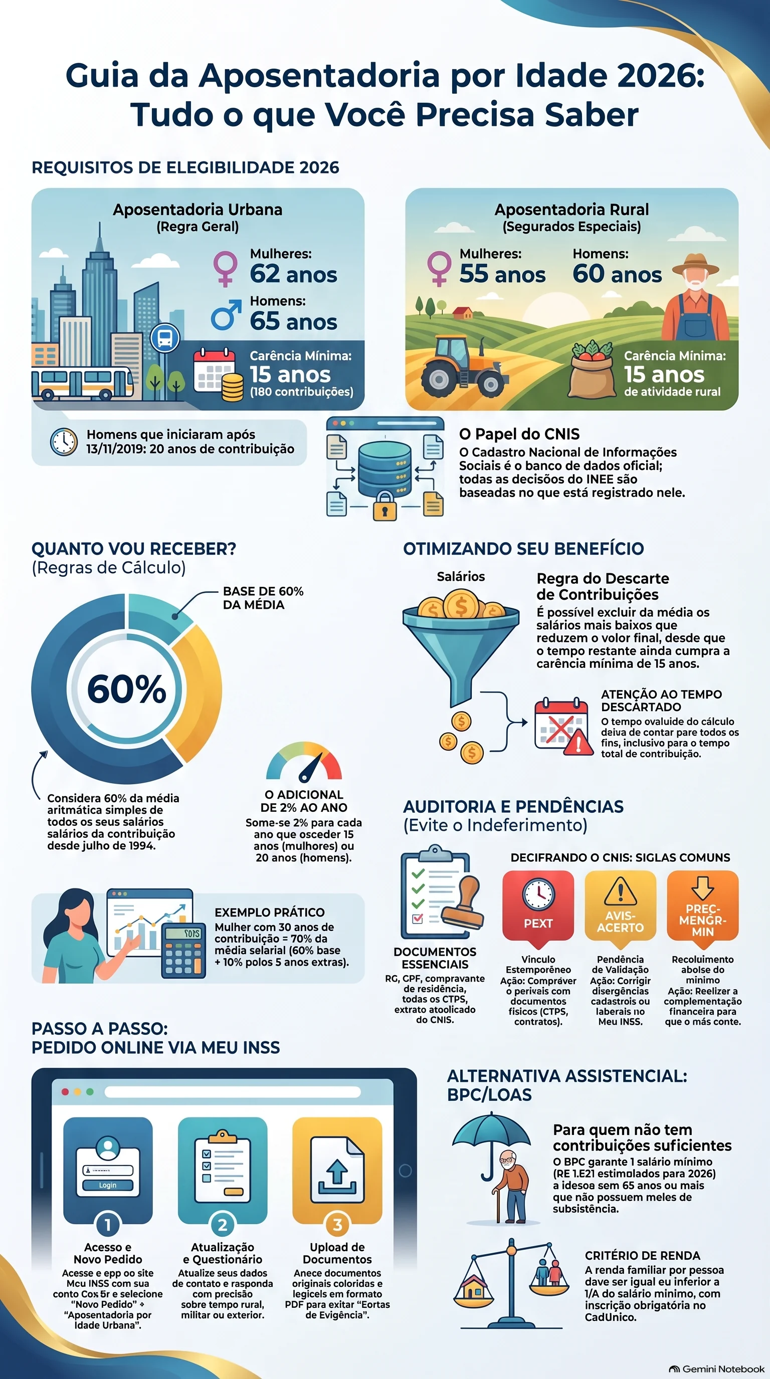 Infográfico do NotebookLM resumindo os principais pontos sobre Aposentadoria por Idade no INSS em 2026: Requisitos, Regras de Transição, Cálculo e Como Solicitar Passo a Passo.