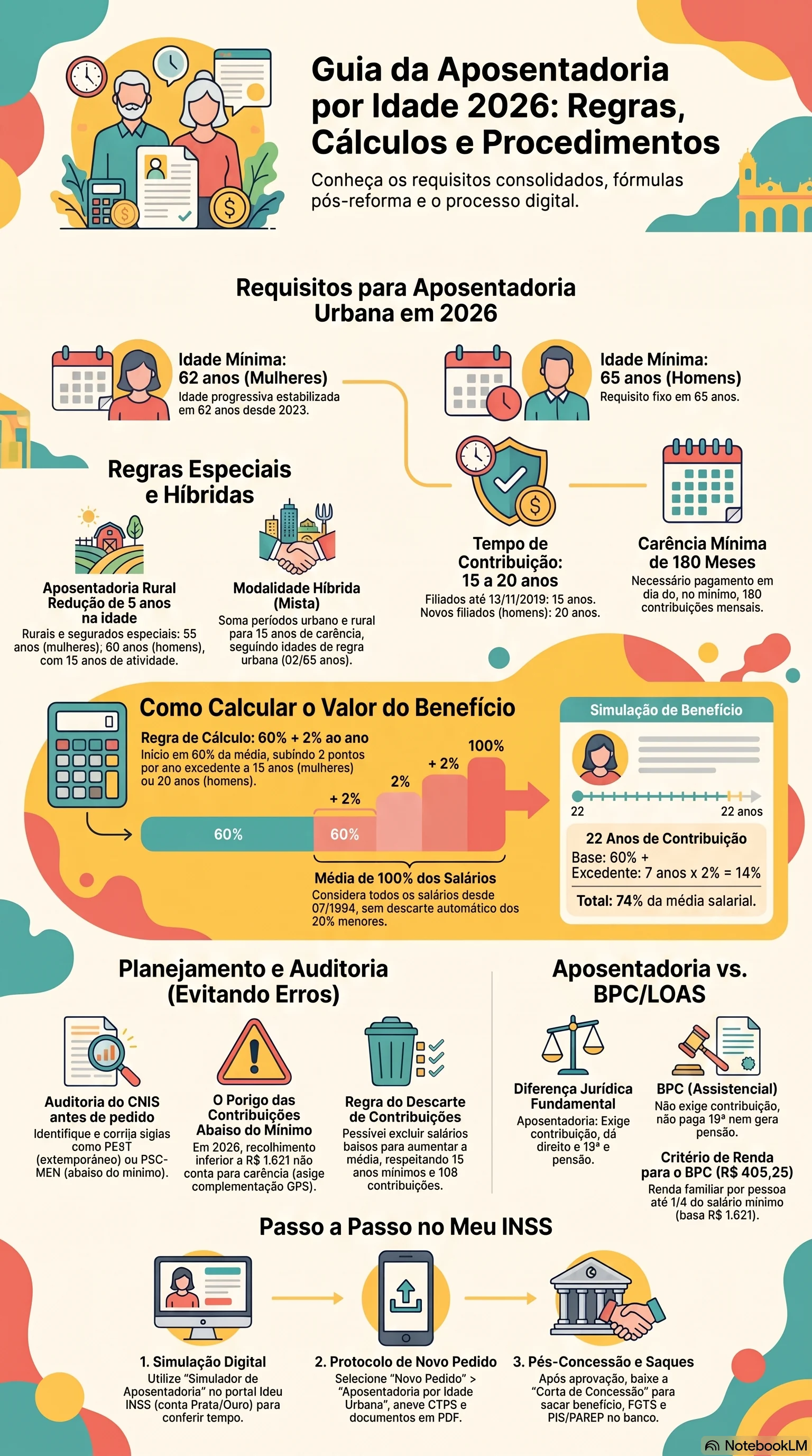 Infográfico do NotebookLM resumindo os principais pontos sobre Aposentadoria por Idade em 2026.