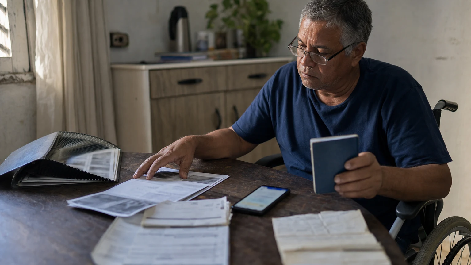 Pessoa com deficiência confere laudos médicos, carteira de trabalho e documentos do INSS para pedir aposentadoria PcD pela Lei 142