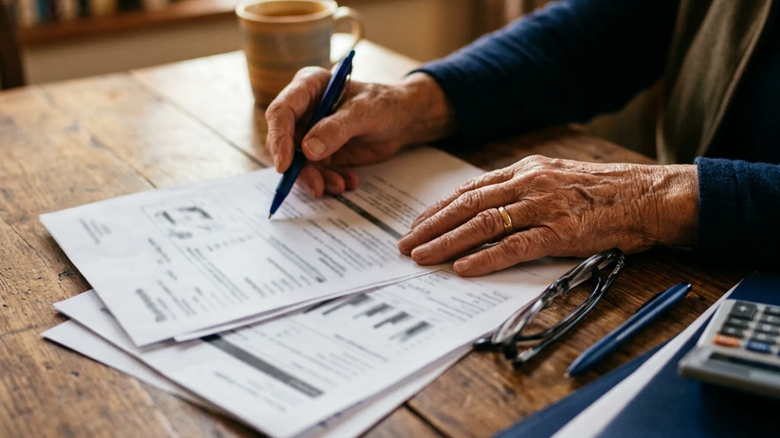 Trabalhador sênior brasileiro com pastas e calculadora sobre mesa de madeira, consultando documentos de contribuição previdenciária em ambiente residencial iluminado por luz natural ao entardecer.