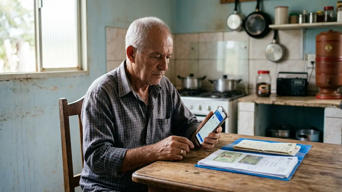Fotografia documental brasileira, horizontal 16:9, um homem idoso de 63 anos sentado sozinho à mesa simples da cozinha