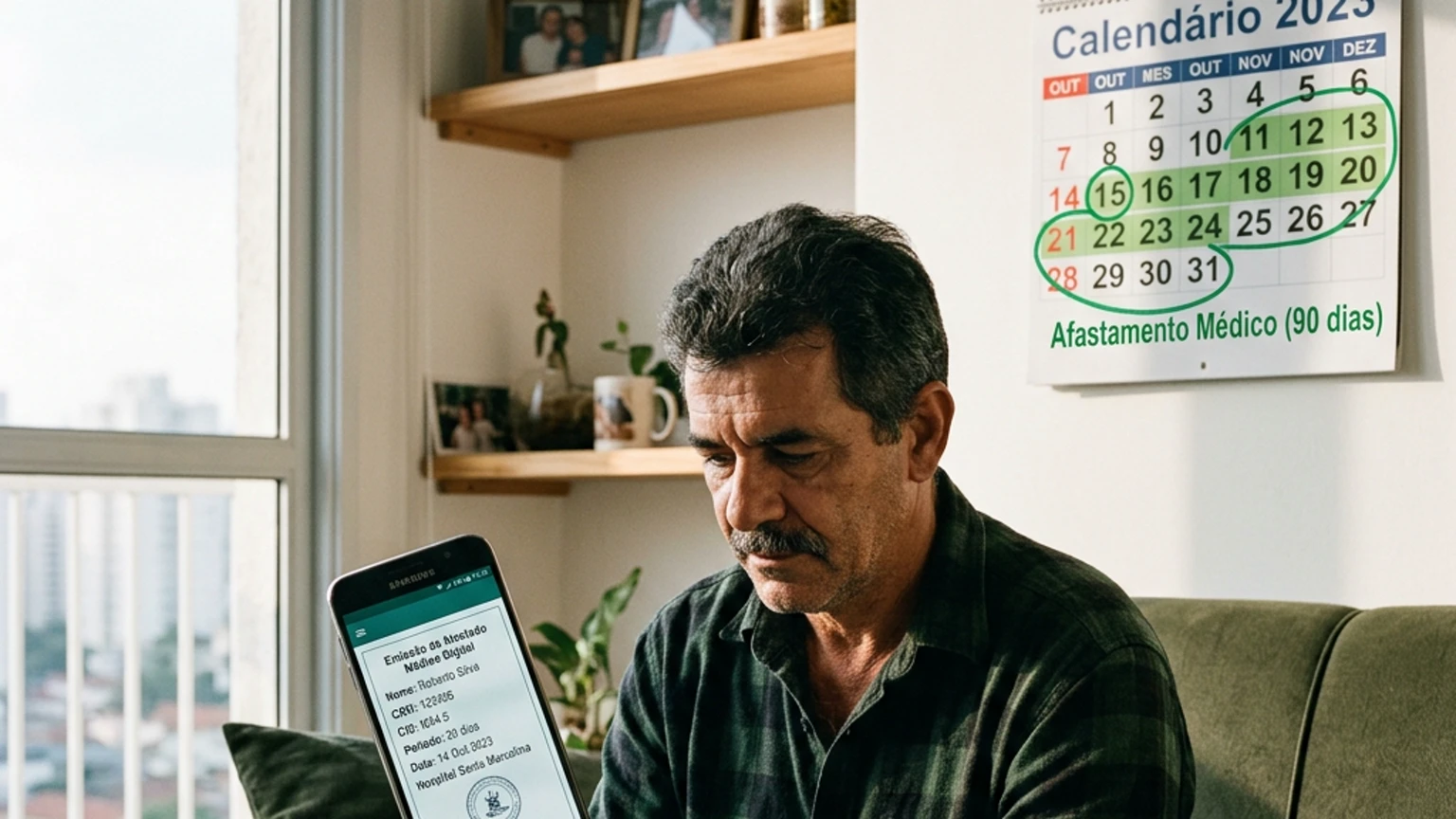 Trabalhador brasileiro de meia-idade sentado no sofá de casa enviando atestado médico digital pelo celular no aplicativo Meu INSS, com calendário ao fundo destacando 90 dias de afastamento em verde, em estilo jornalístico realista.