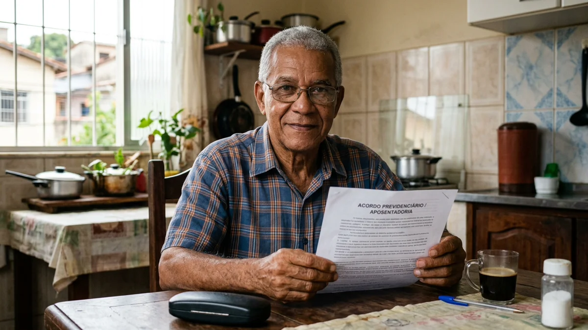 Fotografia em plano médio de um homem idoso brasileiro de cabelos grisalhos curtos, usando óculos de grau e camisa xadrez simples