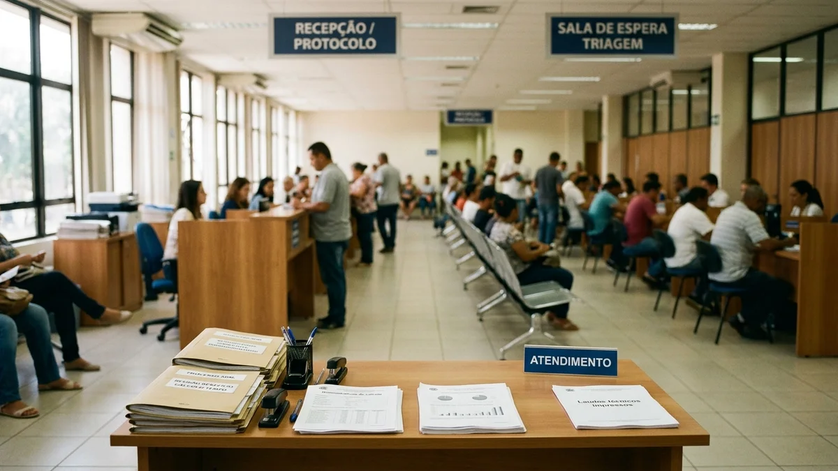 Plano aberto de um ambiente institucional de atendimento a direitos sociais e protocolo de processos previdenciários
