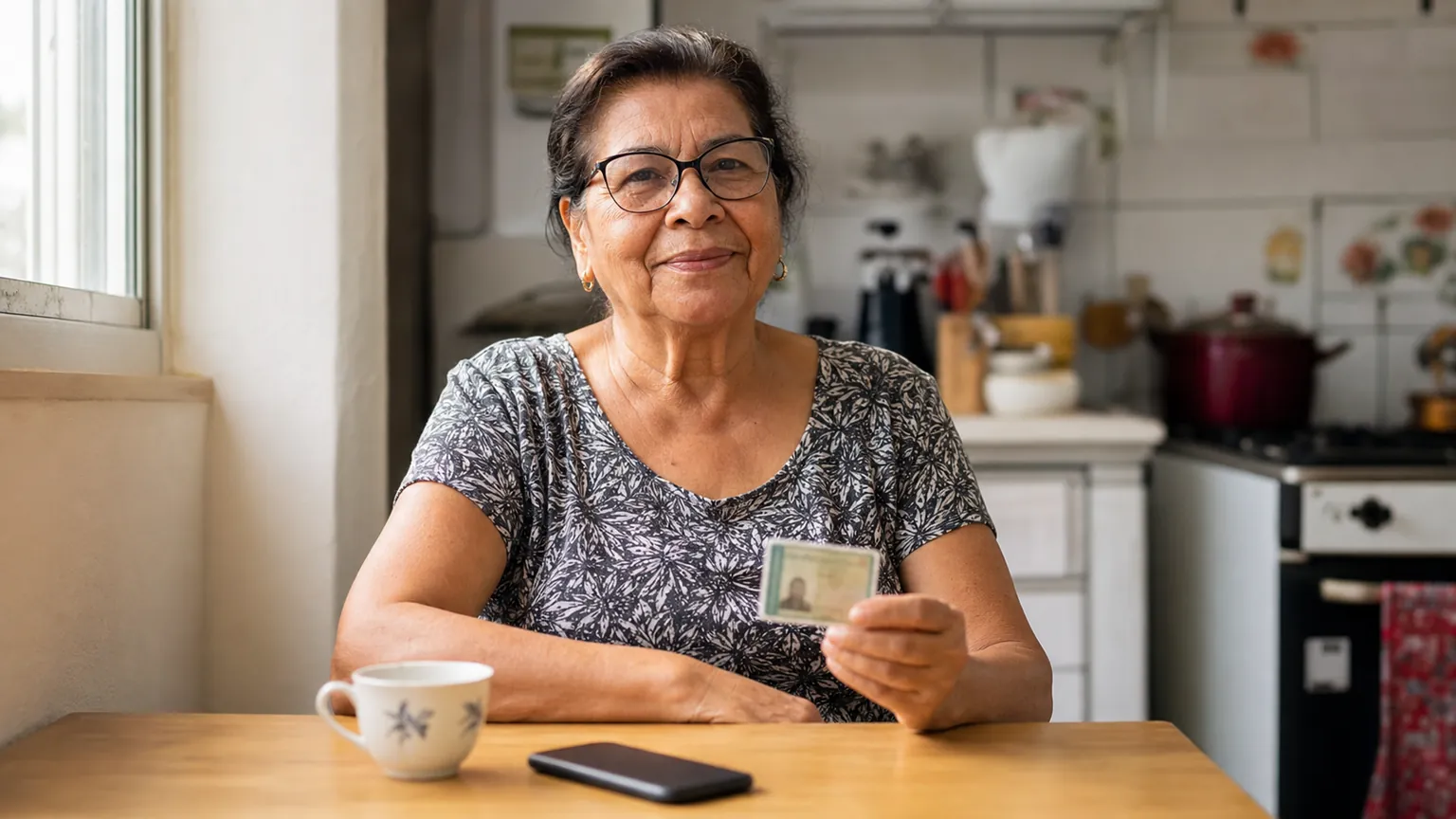 Pessoa idosa segurando Carteira de Identidade Nacional com expressão serena, com smartphone sobre a mesa