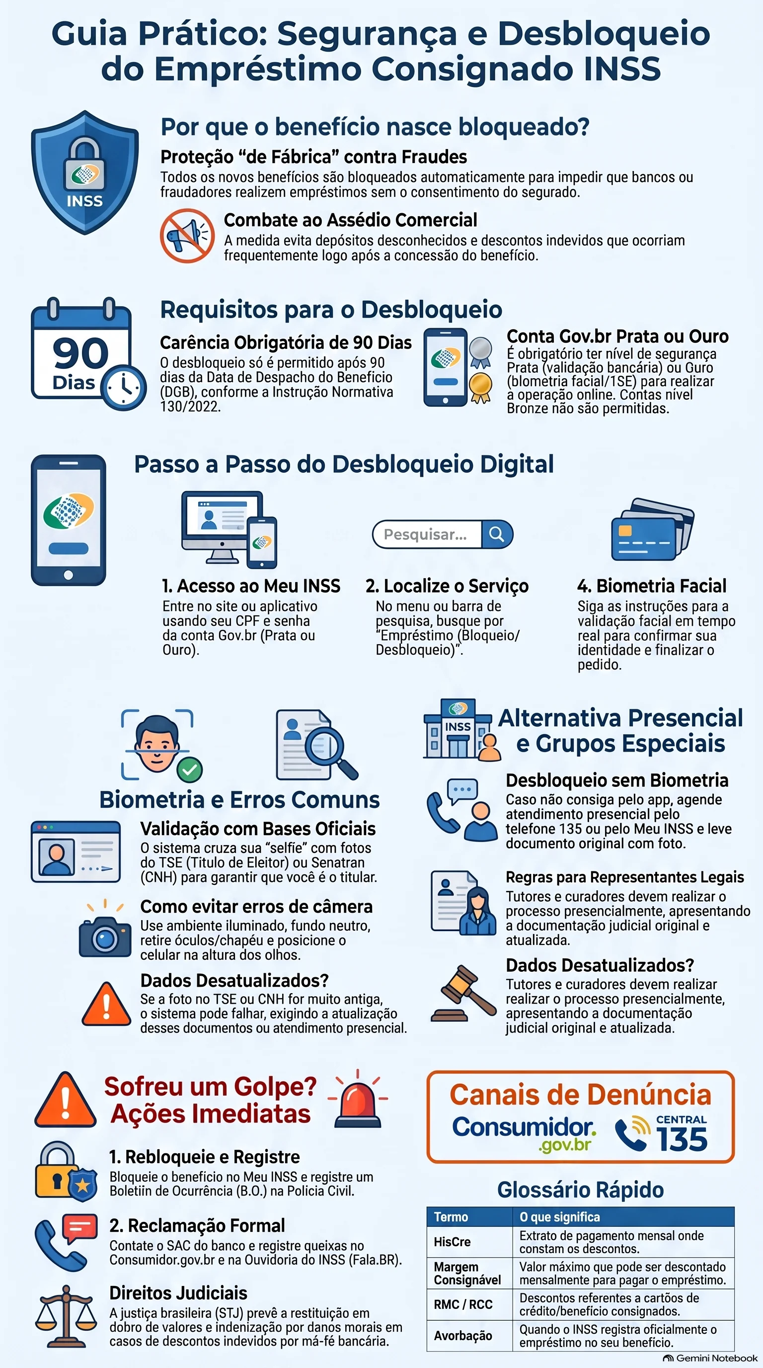 Infográfico do NotebookLM resumindo os principais pontos sobre Bloqueio e Desbloqueio de Empréstimos Consignados no Meu INSS: Guia de Segurança e Proteção do Benefício.