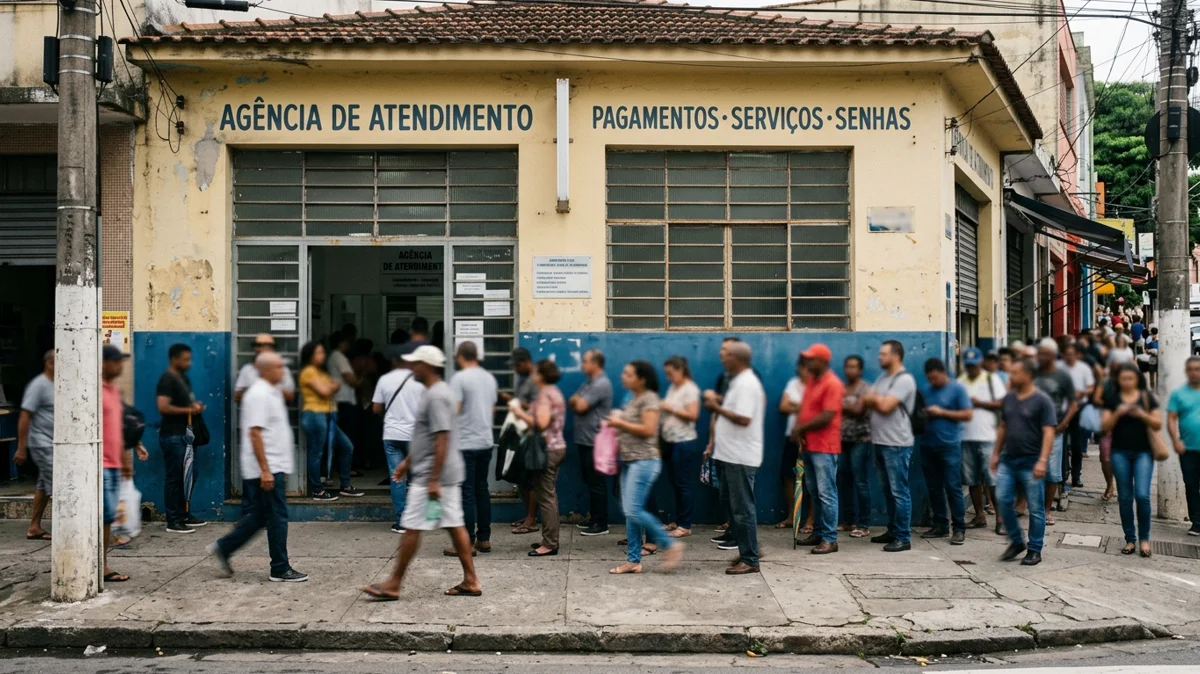 Fotografia documental de uma fachada de agência com sinalização genérica de atendimento e fila na calçada em plano aberto