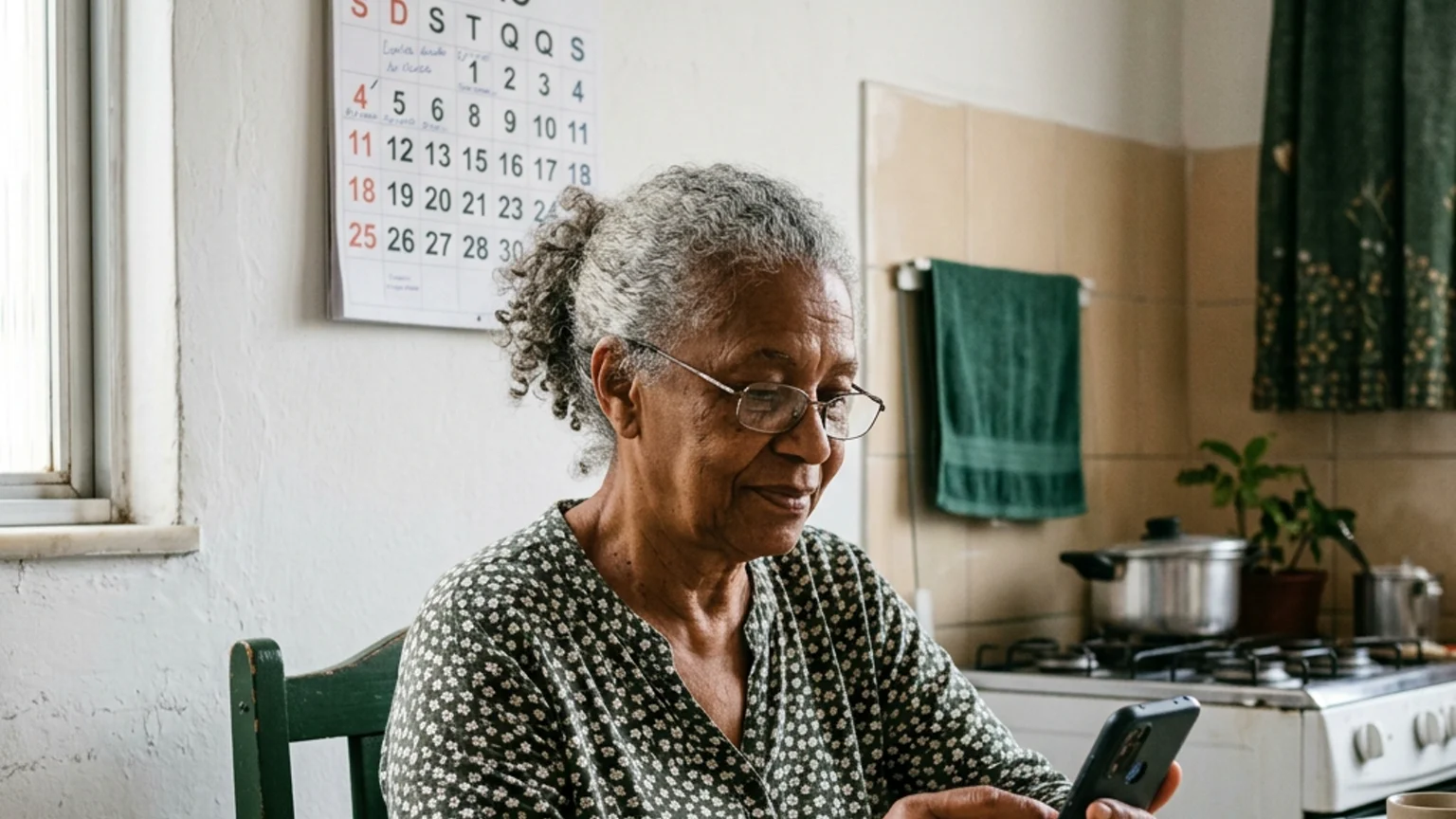 Aposentada brasileira consultando o aplicativo Meu INSS em smartphone à mesa de cozinha com calendário de parede destacando o mês de junho ao fundo, em luz natural da manhã