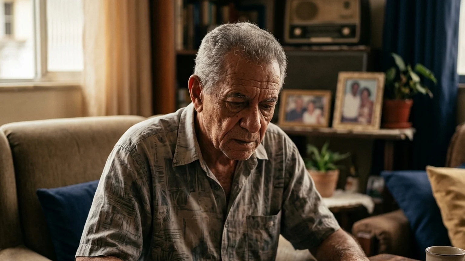Pessoa idosa sentada à mesa de casa observando com atenção um cartão e o celular, ilustrando a conferência de contratos do cartão consignado no Meu INSS.