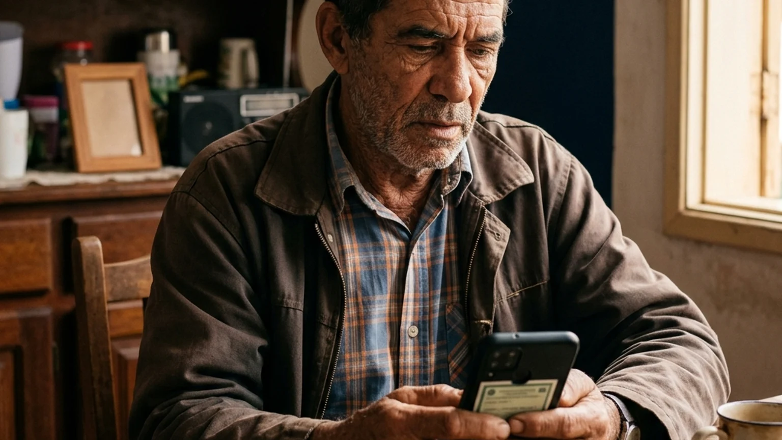 Pessoa idosa usando o aplicativo Meu INSS no celular para acompanhar o pedido de aposentadoria na tela de login gov.br.