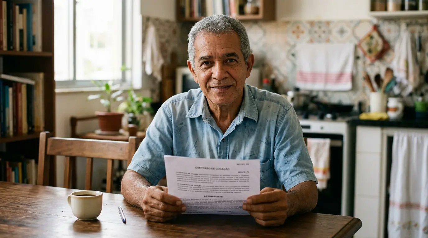 Fotografia documental brasileira, lente 50mm, luz natural suave da manhã, grão sutil de filme. Homem de 60 anos, cabelos grisalhos