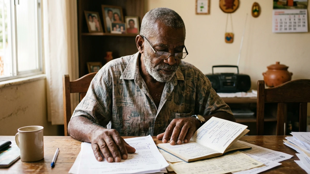 Fotografia documental brasileira, homem de 62 anos com expressão concentrada e serena, sentado à mesa de jantar de sua casa