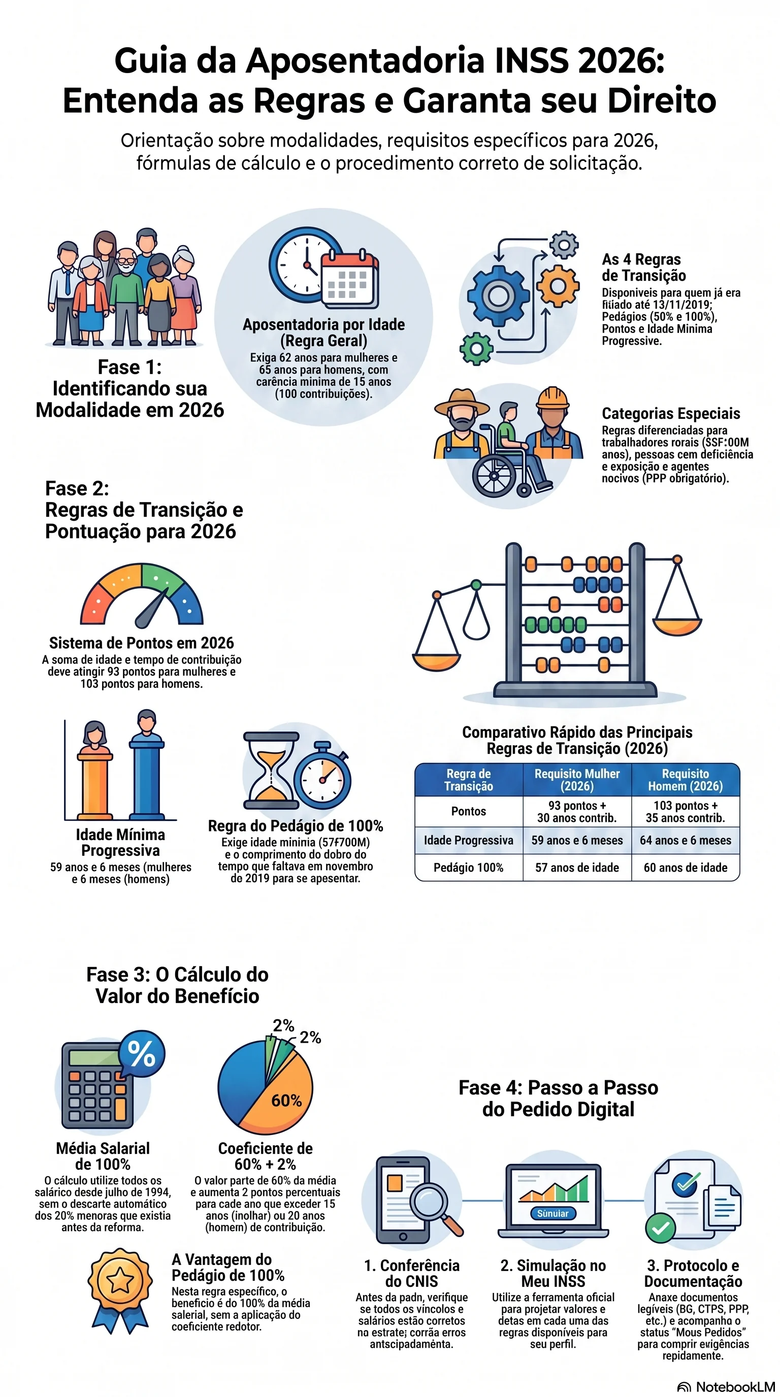 Infográfico do NotebookLM resumindo os principais pontos sobre Guia Completo da Aposentadoria no INSS em 2026: Tipos, Regras de Transição, Cálculo e Passo a Passo para Solicitar.