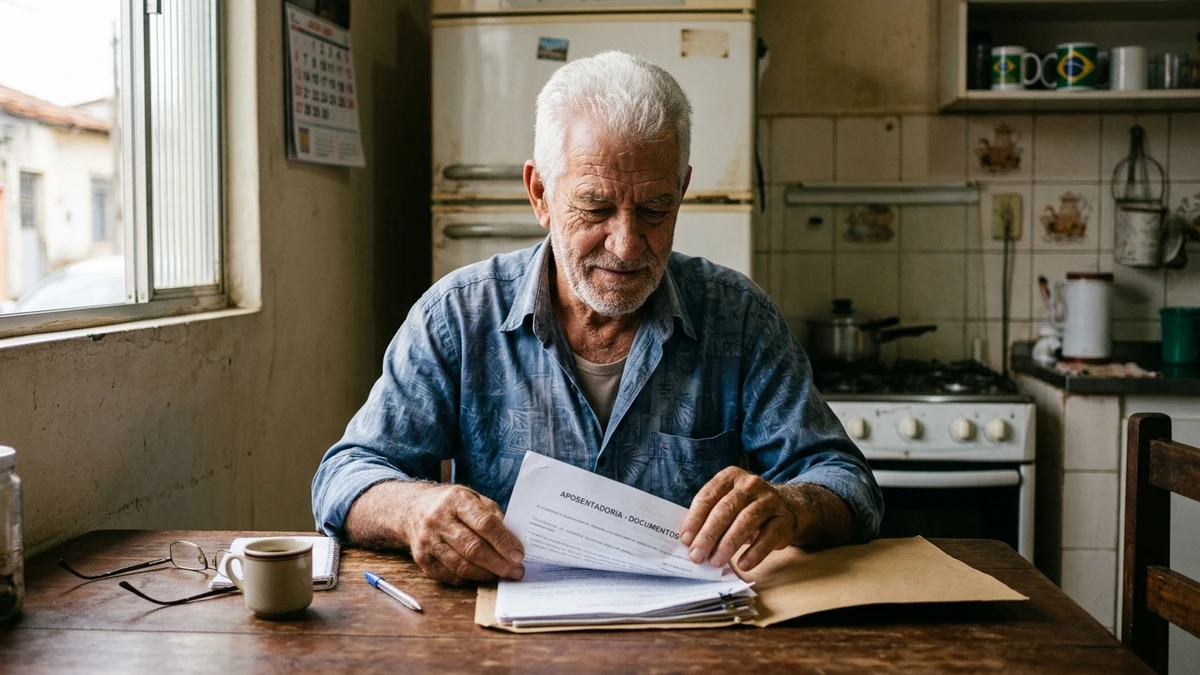Um idoso de cabelos brancos com expressão serena e esperançosa, sentado sozinho à mesa simples da cozinha de sua casa