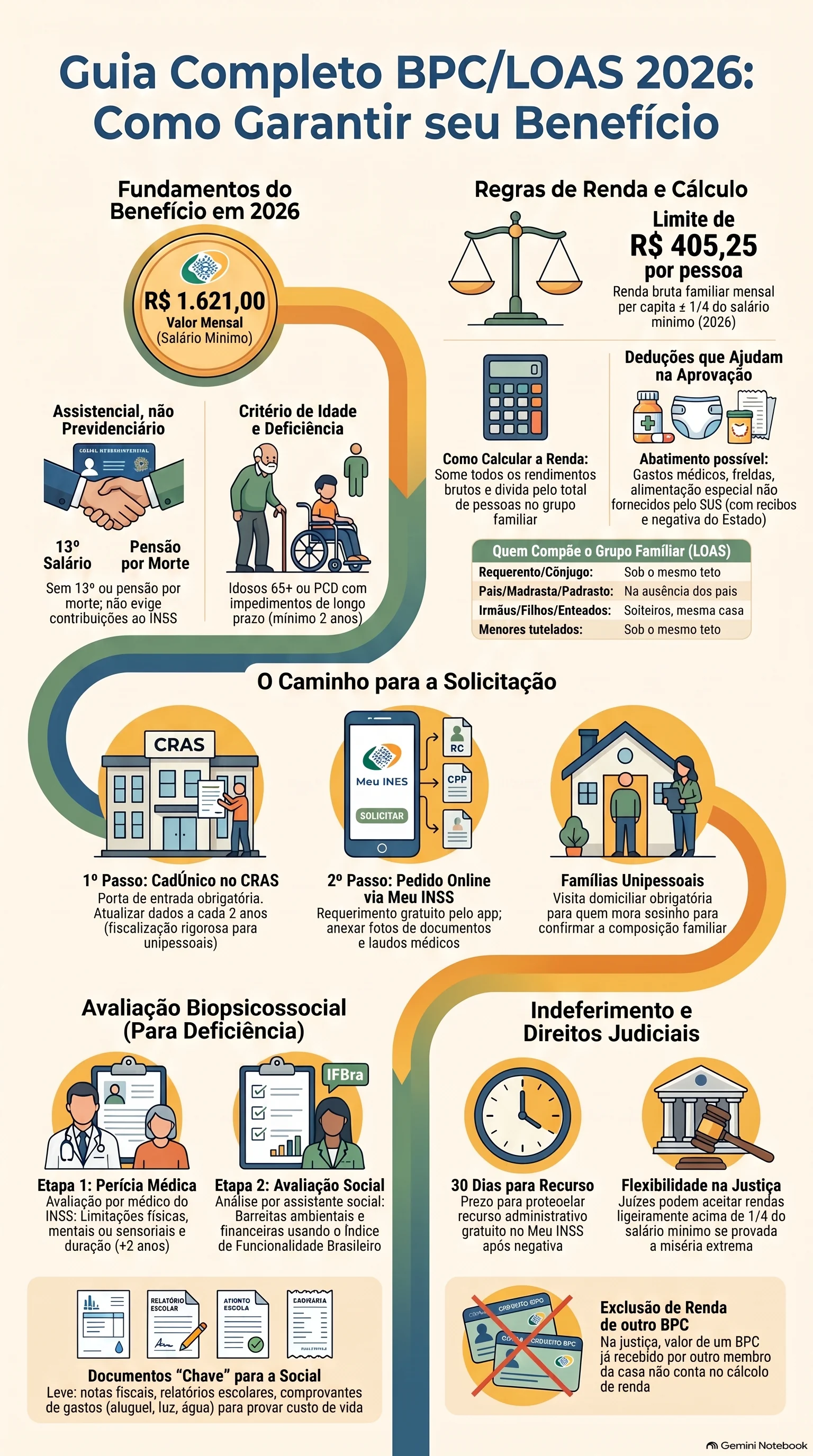 Infográfico do NotebookLM resumindo os principais pontos sobre Guia Completo do BPC/LOAS em 2026: Quem Tem Direito ao Benefício de R$ 1.621, Como Calcular a Renda e Passar na Perícia e Avaliação Social.