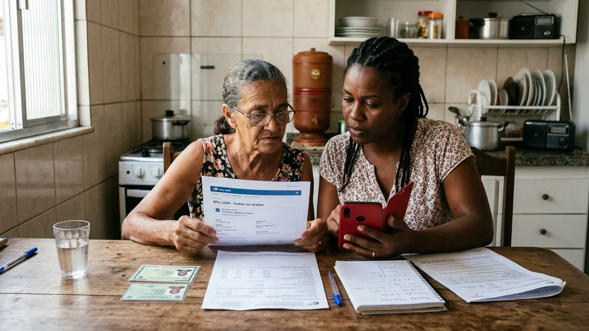Uma mulher adulta de baixa renda sentada à mesa da cozinha ao lado da mãe idosa de 65 anos ou mais