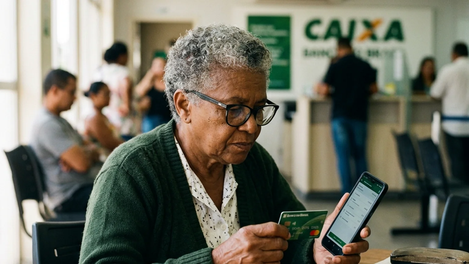 Pessoa idosa concentrada olhando para o celular com cartão na mão durante atendimento bancário, ilustrando a contratação de empréstimo consignado para o BPC.