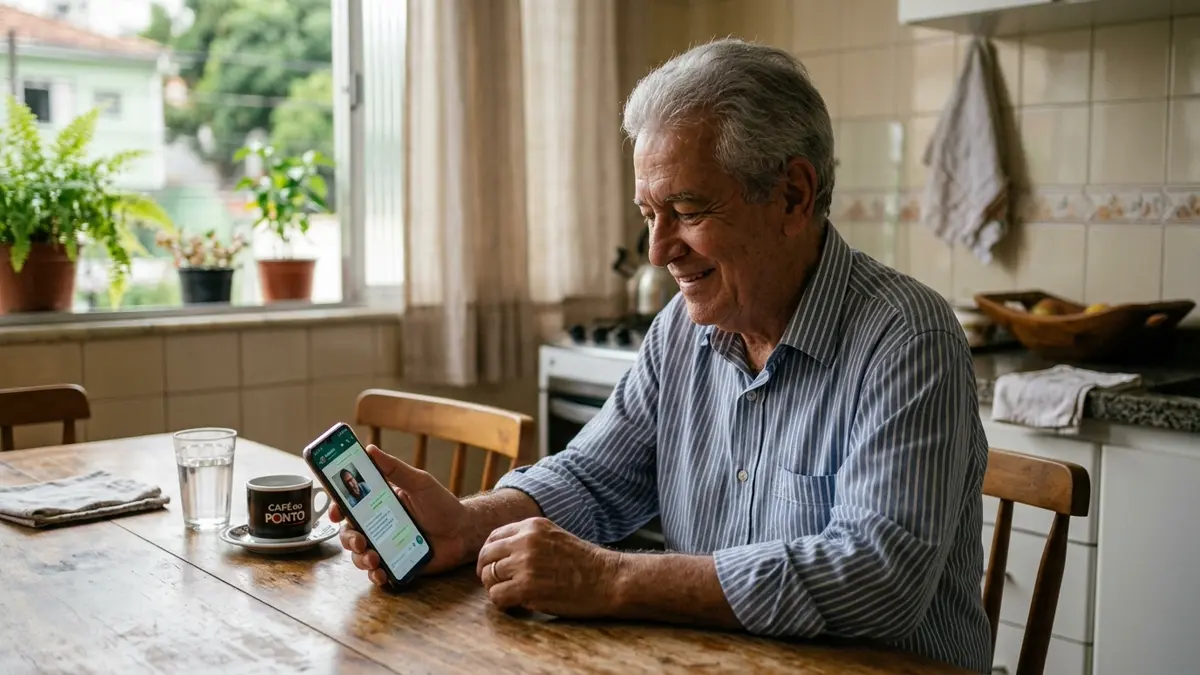 Senhor idoso de cabelos grisalhos com expressão de alívio e segurança, vestindo uma camisa social simples