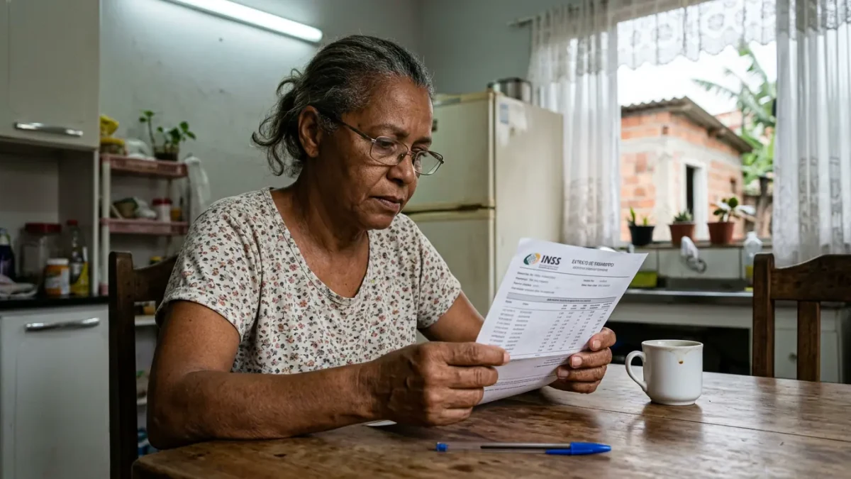 Uma aposentada brasileira concentrada e preocupada ao conferir o extrato de pagamento de seu