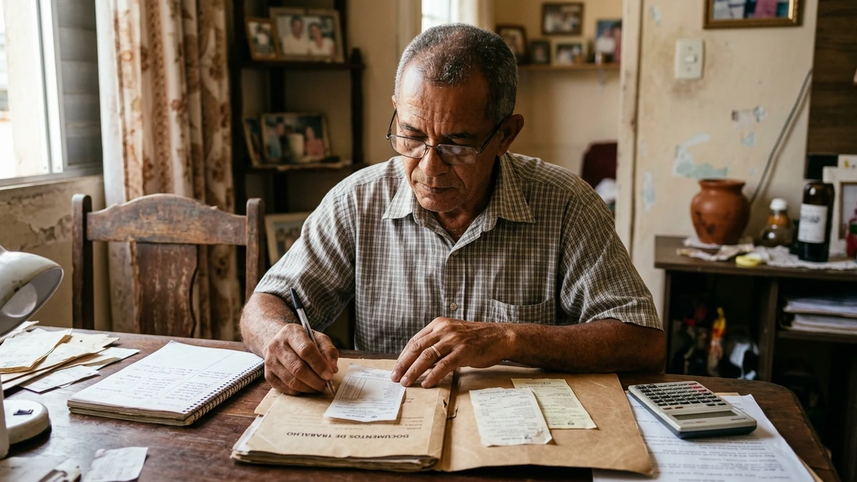 Retrato documental e intimista em plano médio de um trabalhador autônomo brasileiro de cerca de 60 anos, em foco nítido