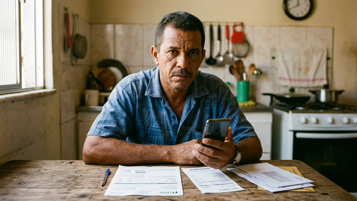 Fotografia documental brasileira, lente 50mm, luz natural, grão sutil de filme. Apenas um homem pardo na faixa dos 45 anos na cena