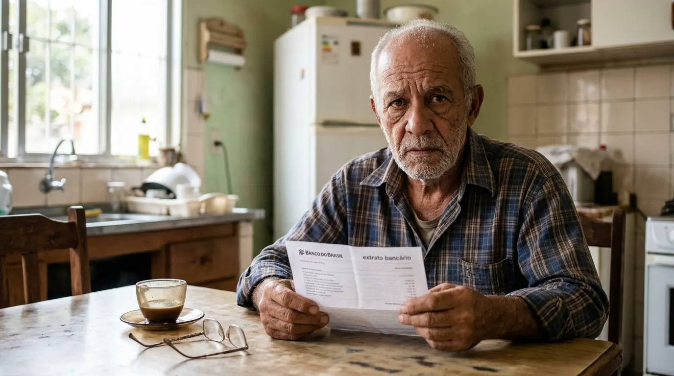 Idoso brasileiro com feição preocupada, sentado à mesa da cozinha, segurando um papel de extrato bancário