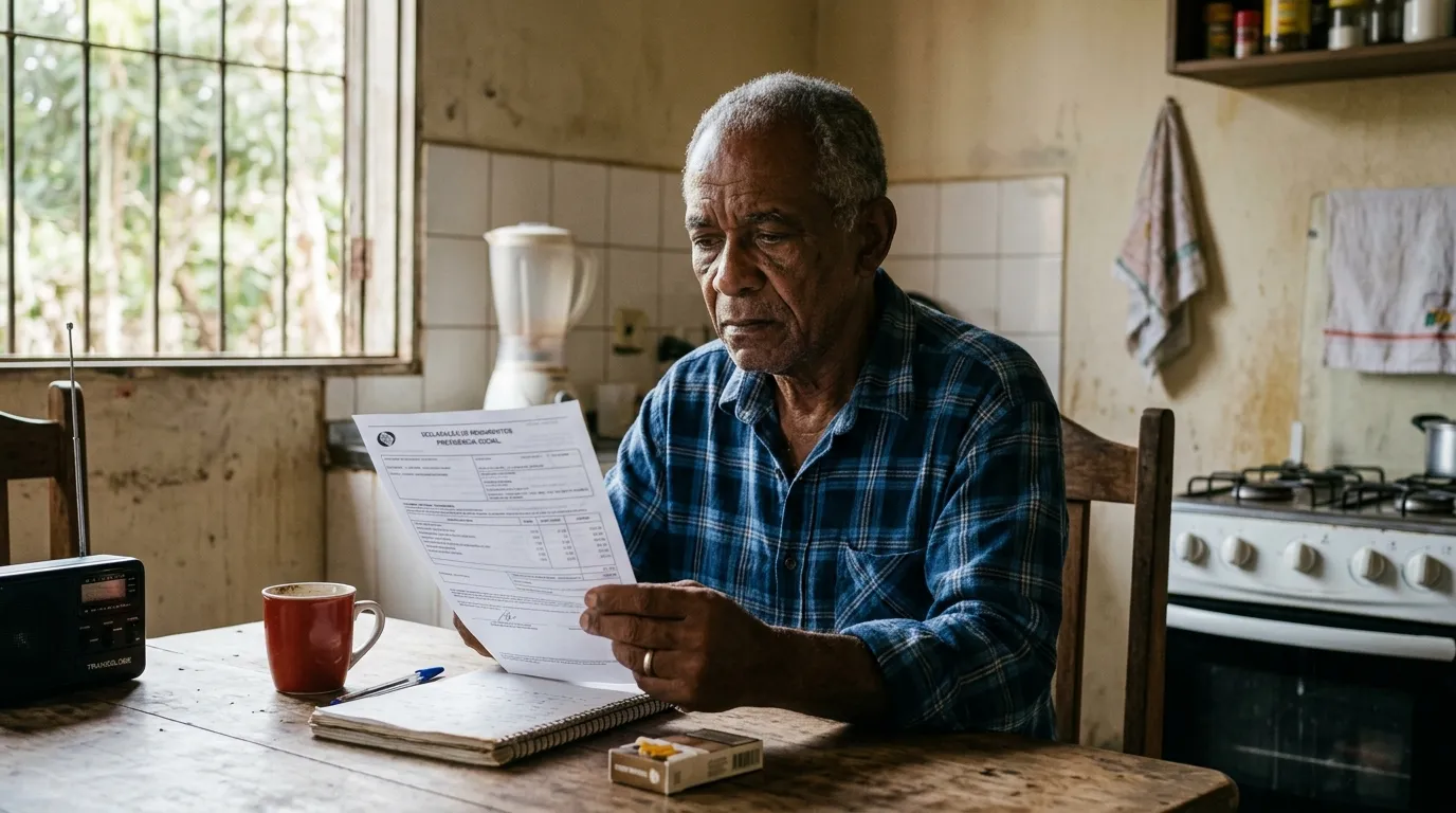 Fotografia documental brasileira, lente 35mm. Um idoso brasileiro sentado na mesa da cozinha, com expressão de preocupação e dúvida