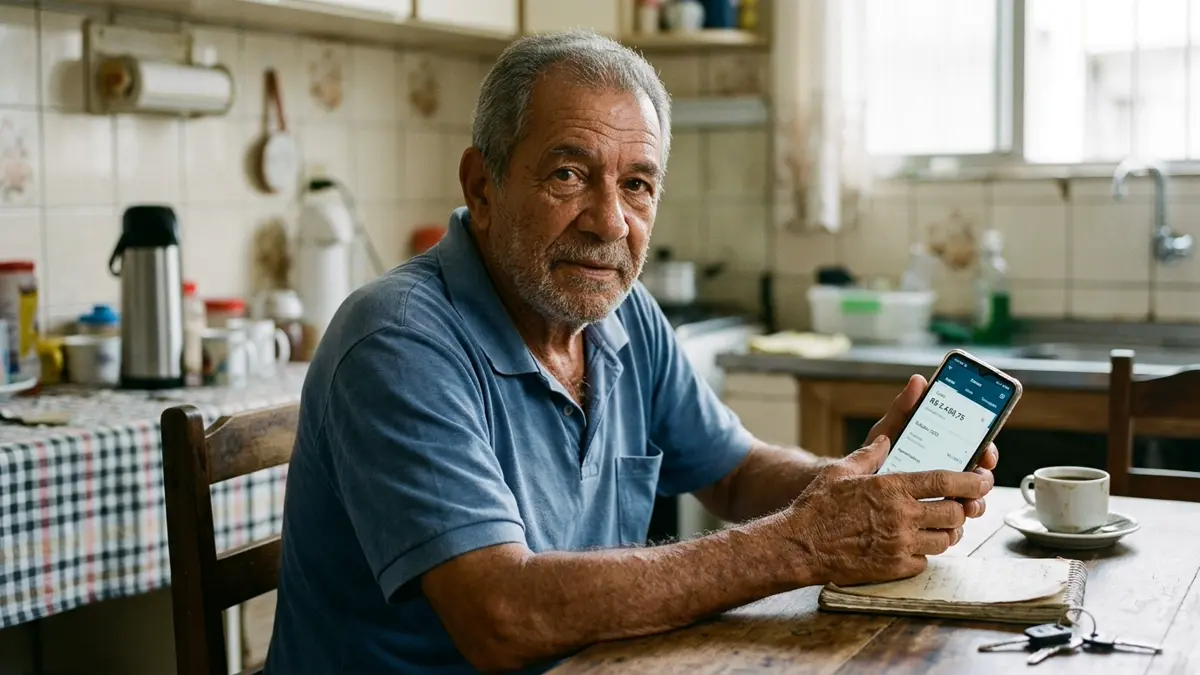 Persona: um idoso aposentado de rosto visível e expressão autêntica, sentado à mesa da cozinha de sua casa