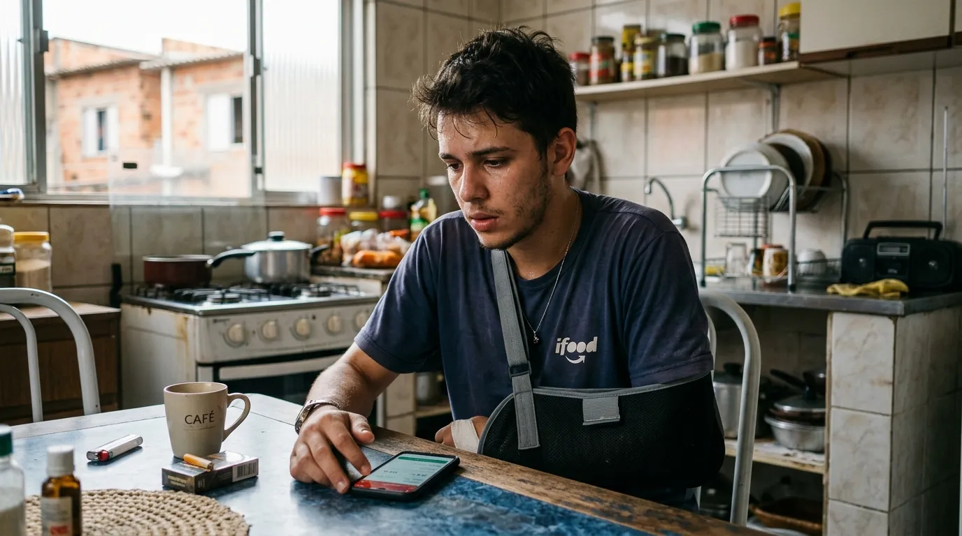 Retrato documental brasileiro de um jovem entregador de aplicativo com o braço imobilizado por uma tipoia ortopédica