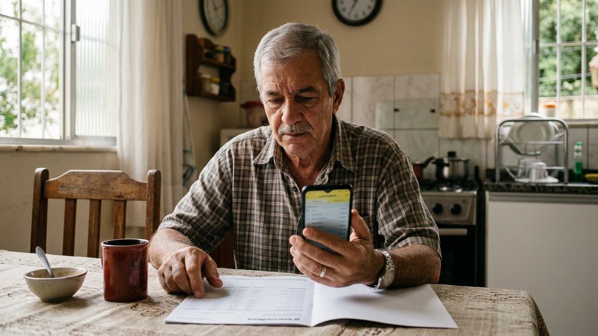 Plano médio de um aposentado brasileiro de cerca de 65 anos sentado à mesa de jantar de sua casa simples e acolhedora