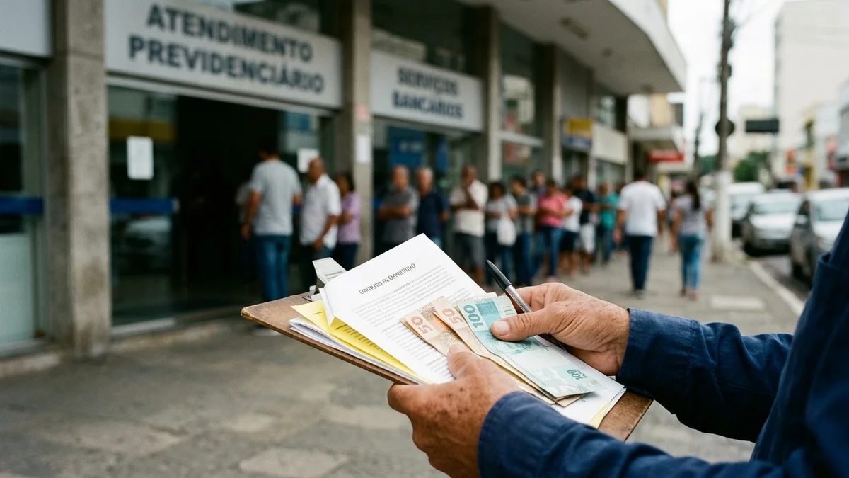 A fachada de um prédio comercial de atendimento previdenciário e bancário com sinalização genérica e neutra. Ao fundo