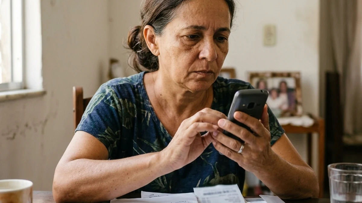 Segurado consulta pelo celular o motivo da negativa do benefício no Meu INSS enquanto organiza documentos sobre a mesa para corrigir o pedido.