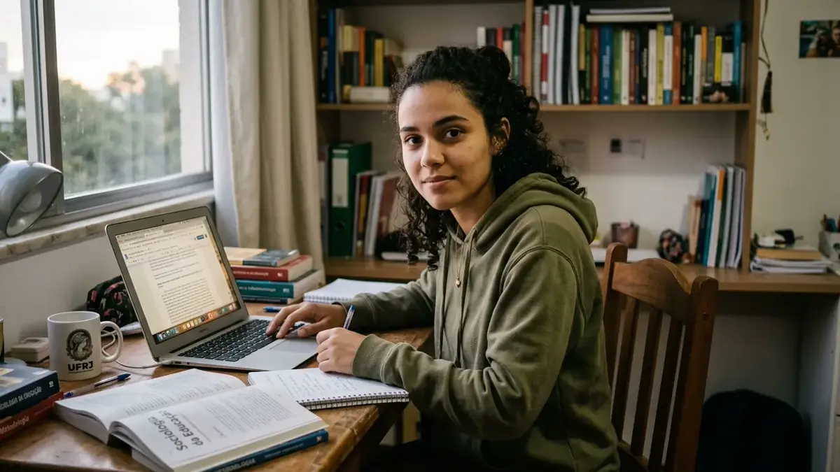 Fotografia documental de uma jovem estudante universitária sozinha em casa, em foco nítido