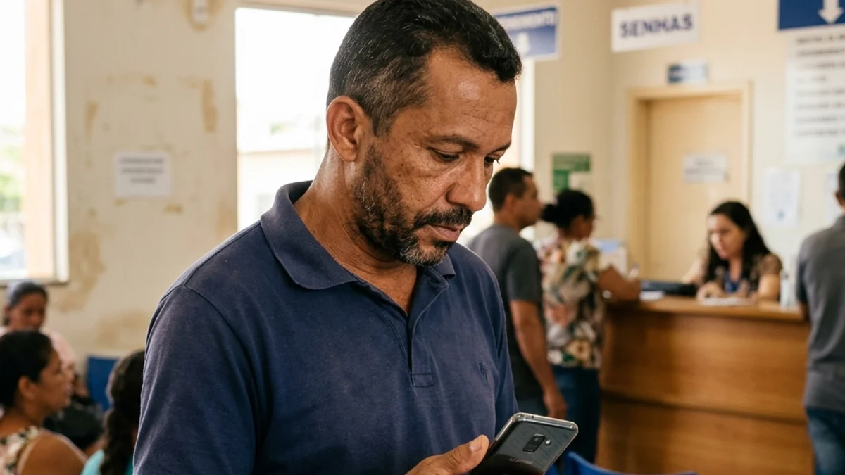 Segurado em atendimento previdenciário com documentos e celular durante mutirão de serviços do INSS em Boa Vista, Roraima.