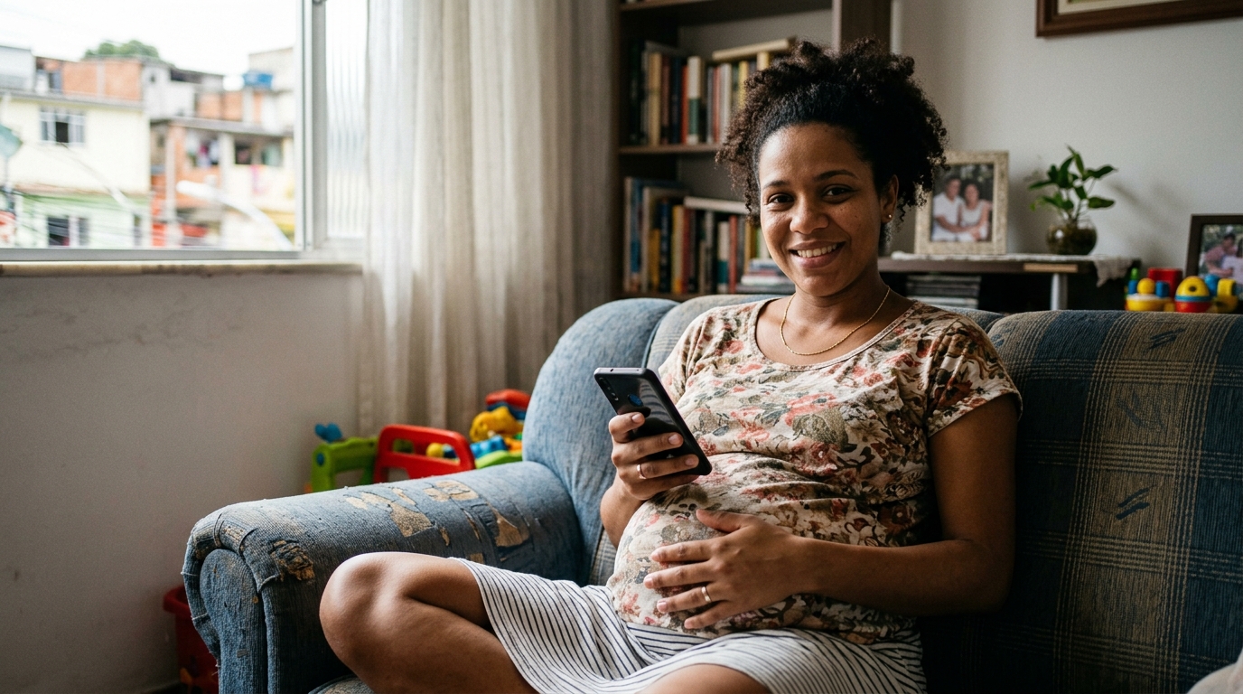 Retrato documental de uma mulher grávida com expressão de alívio e esperança, sentada no sofá de casa