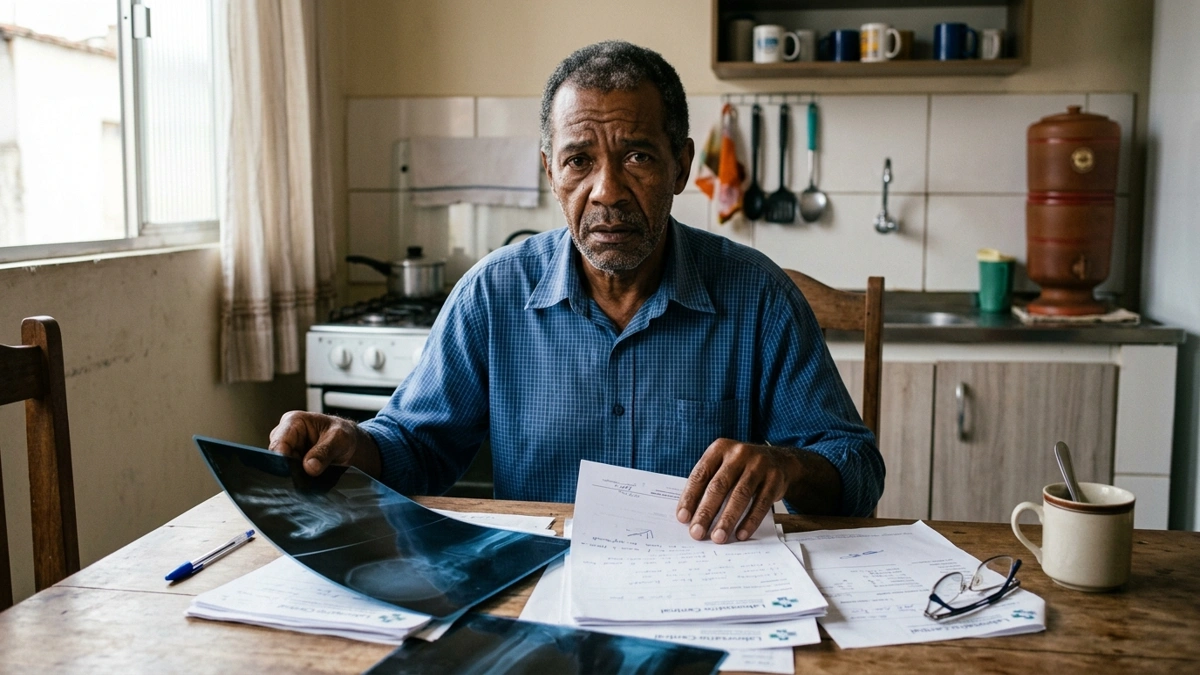 Homem brasileiro de 60 anos, com rosto visível, nítido e expressão de apreensão autêntica, olhando diretamente para a câmera