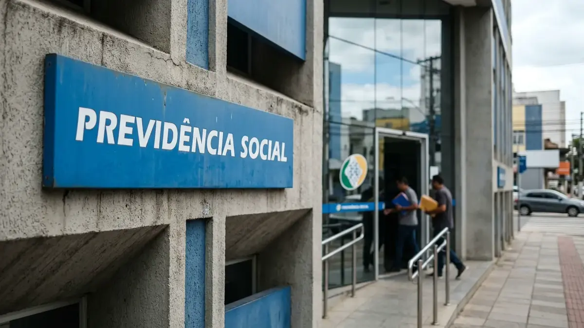 Fachada externa de uma agência oficial da Previdência Social (INSS), transmitindo sobriedade,