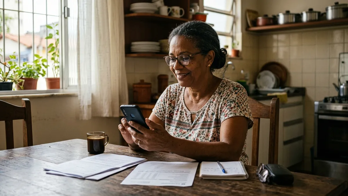 Fotografia documental fotorrealista de uma mulher brasileira de 58 anos sentada à mesa da cozinha à tarde