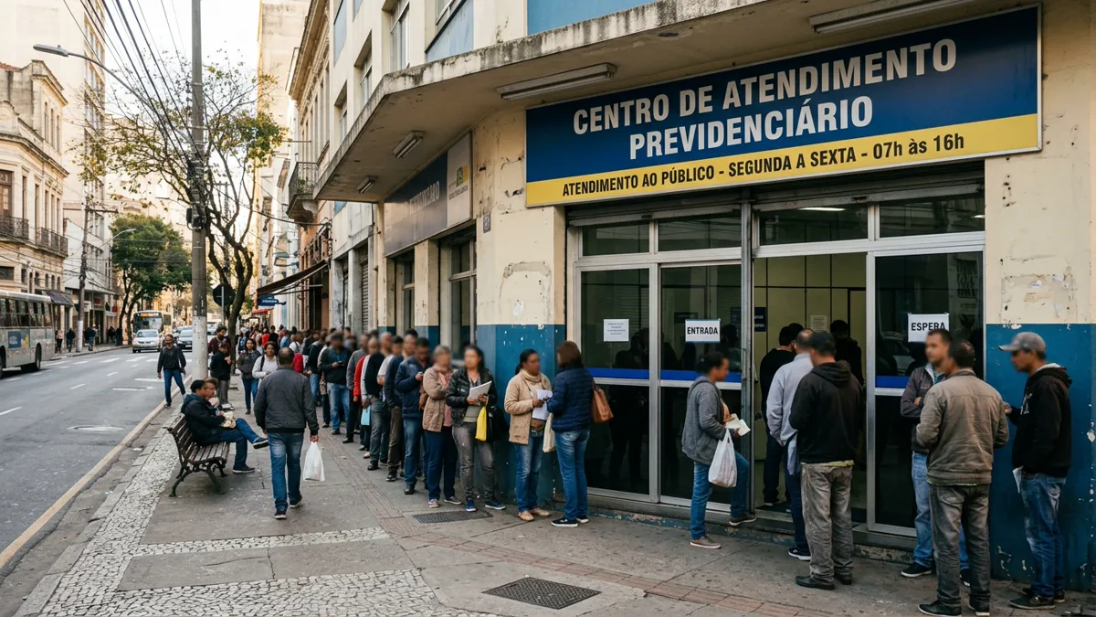 Cena em plano aberto de uma fachada de agência de atendimento previdenciário com sinalização genérica. Na calçada