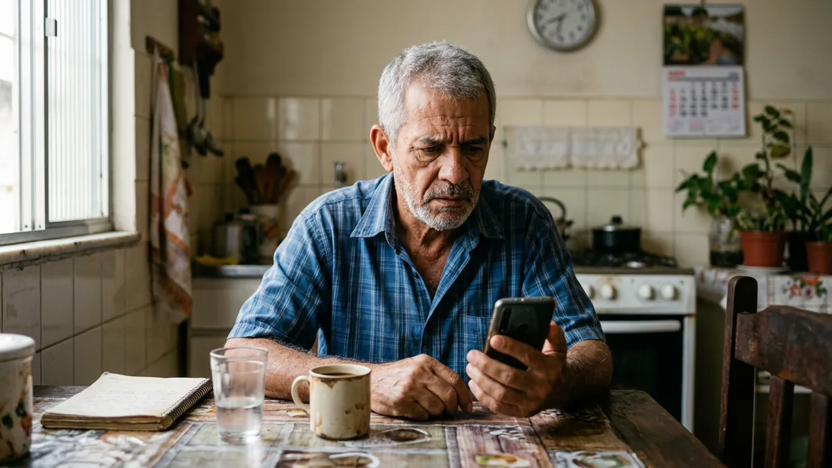 Senhor brasileiro de 61 anos, grisalho, rosto em foco nítido e com expressão autêntica de apreensão