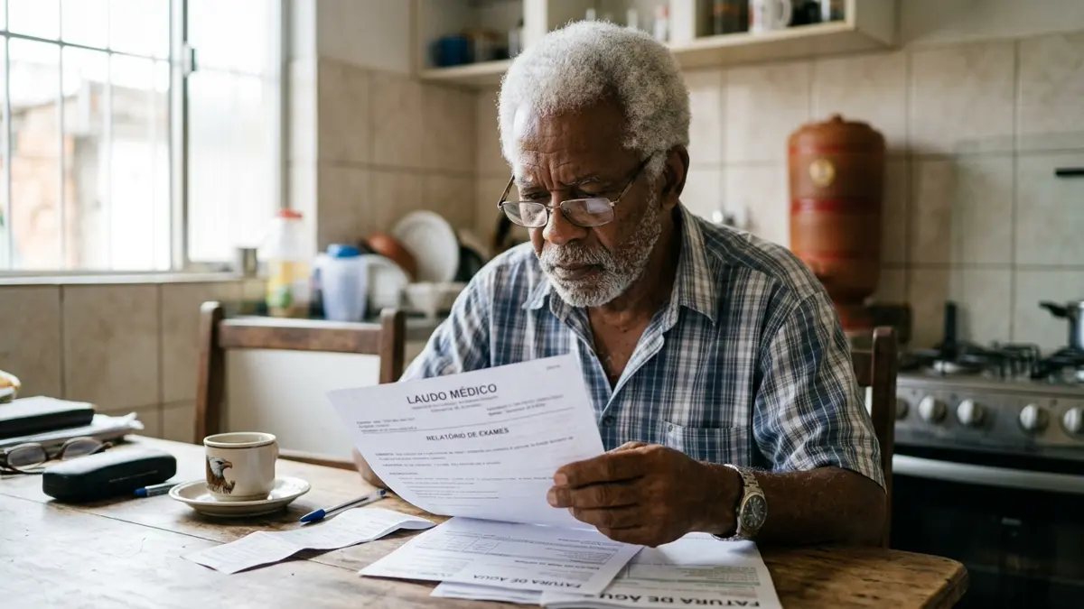Fotografia documental brasileira de um senhor de cabelos brancos sentado à mesa da cozinha