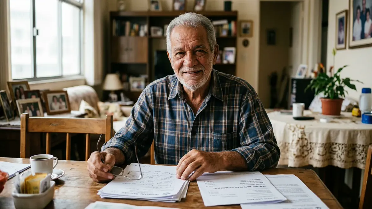 Fotografia documental de um homem idoso brasileiro, na faixa dos 60 anos, com expressão de alívio e serenidade