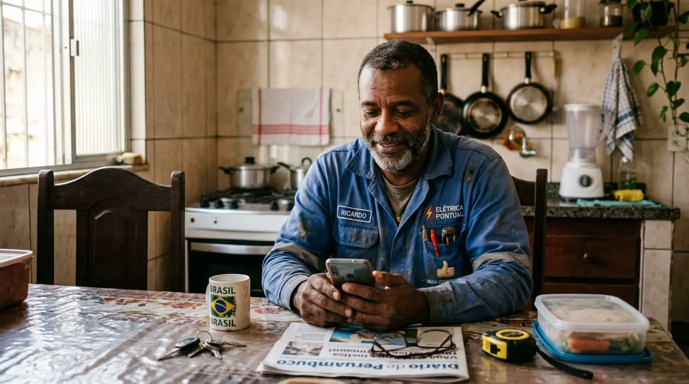 Retrato em foco nítido de um eletricista de meia-idade com uniforme de trabalho, sentado à mesa da cozinha