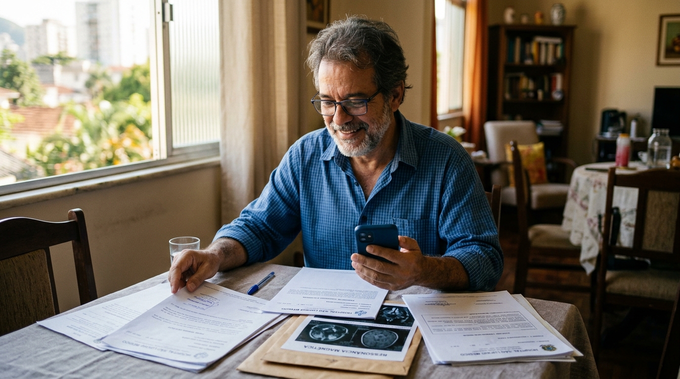 Um homem de 60 anos, em foco nítido, com expressão de alívio e esperança, separando exames médicos