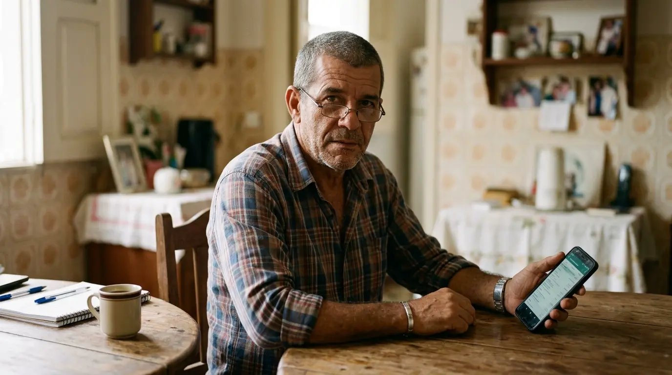 Fotografia documental brasileira, lente 50mm, luz natural, grão sutil de filme. Um homem de 55 anos, expressão autêntica e focada