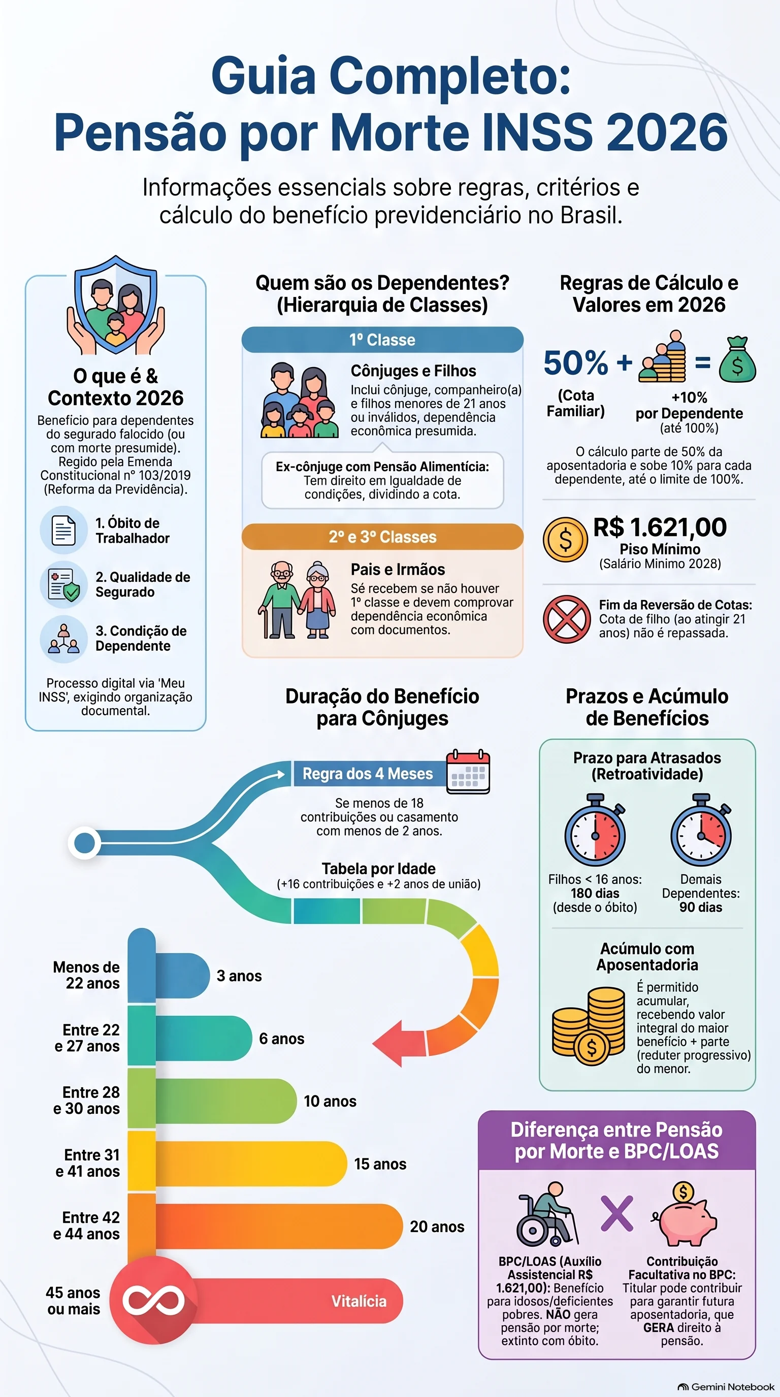 Infográfico do NotebookLM resumindo os principais pontos sobre Pensão por Morte do INSS em 2026: Guia Completo de Regras, Dependentes, Duração e Cálculo das Cotas.